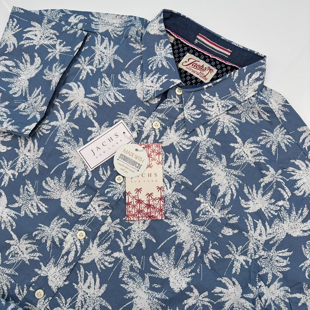 Jachs NY Men's Stretch Short Sleeve Palm Tree Tropical Print Shirt, Size L, Blue